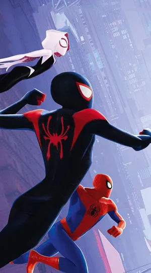 Spider Verse_ Trio_ Swinging_ Action Wallpaper