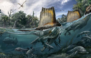 Spinosaurus Hunting Fish Wallpaper