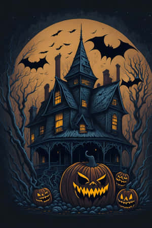 Spooky Halloween Haunted Houseand Pumpkins Wallpaper