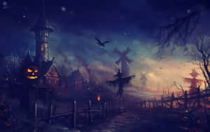 Spooky Halloween Night Scene With Haunted House Wallpaper