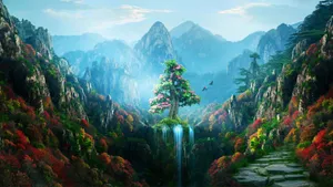 Spring Anime Scenic Mountain Landscape Wallpaper