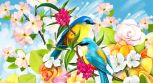 Spring Birds Chirping On Blossoming Branch Wallpaper