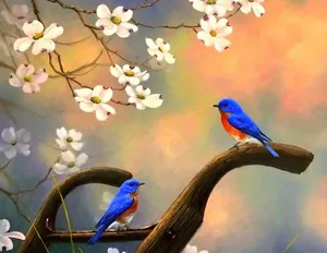 Spring Birds Perched On Blossoming Branches Wallpaper