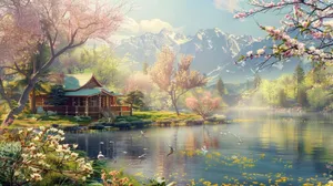 Springtime Lake Cabin Idyll Wallpaper