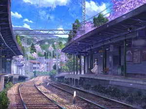 Springtime Railway Station Anime Scenery.jpg Wallpaper