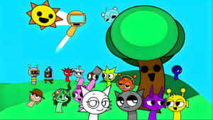 Sprunki Characters And Sunny Landscape Wallpaper