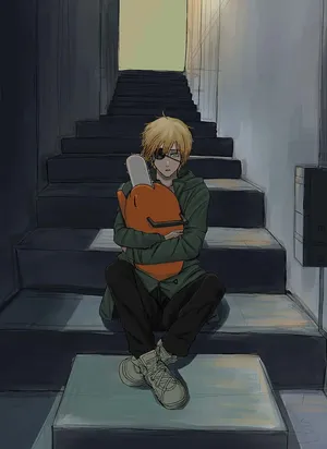 Staircase_ Embrace_with_ Pochita Wallpaper