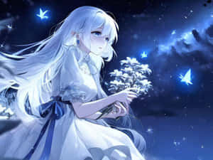 Starry Night Anime Girlwith Flowers Wallpaper