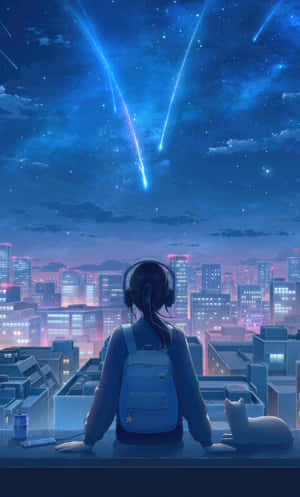 Starry Night Cityscapewith Girland Cat Wallpaper