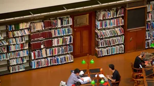 State Library Study Areawith Bookshelves Wallpaper