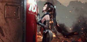 Stellar Blade Heroine Beside Red Door Wallpaper