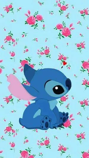 Stitch With A Bouquet Of Pink Roses Wallpaper