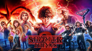 Stranger Things 2 Poster With The Characters In Front Of A Dark Background Wallpaper