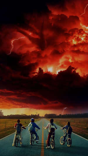 Stranger Things Children Bikes Stormy Sky Wallpaper