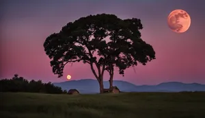 Strawberry Moon Over Pastoral Landscape Wallpaper