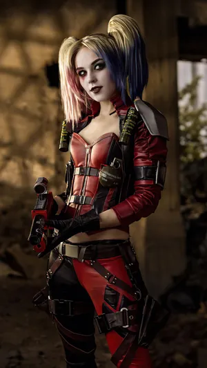 Striking Harley Quinn Cosplay Showcasing Iconic Look Wallpaper