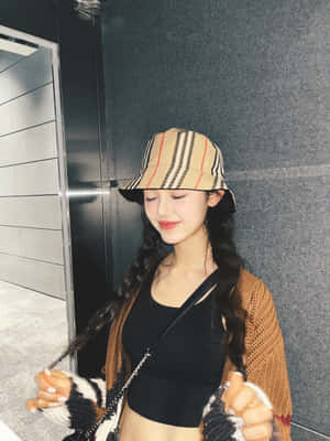 Striped Hat Smile Fashion Pose Wallpaper