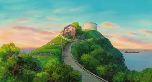 Studio Ghibli Scenery House On Hill Wallpaper