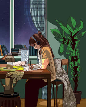 Studious Lofi Girl Nighttime Wallpaper