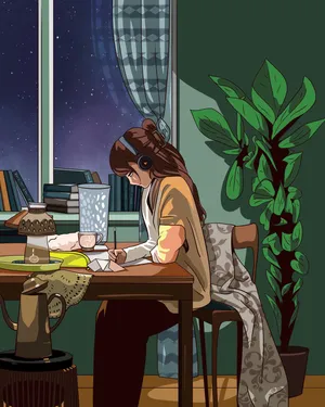 Studious Lofi Girl Nighttime Wallpaper