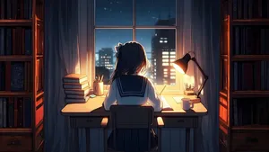 Studious Night Anime Scene Wallpaper
