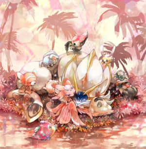 Stufful With Pokémon Characters In Pink Graphic Wallpaper