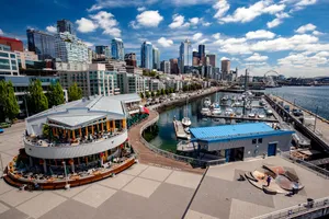 Stunning Aerial View Of Beautiful City At Sunset Wallpaper