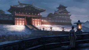 Stunning Feudal Japan Landscape With Traditional Torii Gate Wallpaper