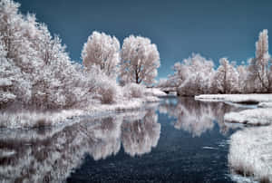 Stunning Frozen Lake Amidst Snow-covered Landscape Wallpaper