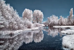Stunning Frozen Lake Amidst Snow-covered Landscape Wallpaper