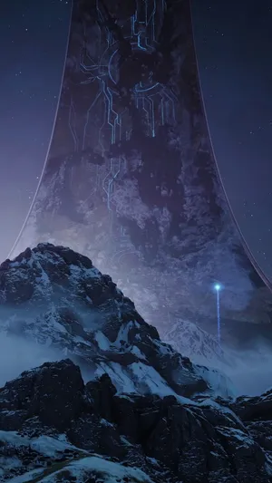 Stunning Halo Forerunner Artwork Featuring Mystical Structures And A Mesmerizing Landscape Wallpaper