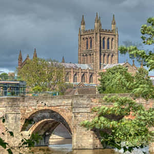 Stunning Panorama Of Hereford Cathedral At Sunset Wallpaper
