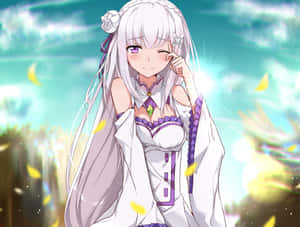 Stunning Re:zero Emilia Artwork Against A Beautiful Cosmic Background Wallpaper