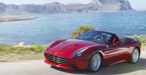 Stunning Red Ferrari California T On Roadside Wallpaper