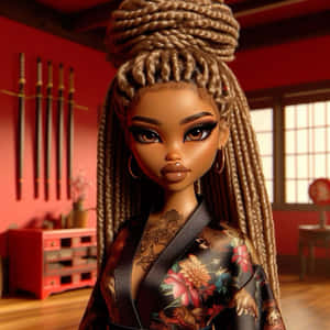 Stylish Animated Black Barbiein Kimono Wallpaper