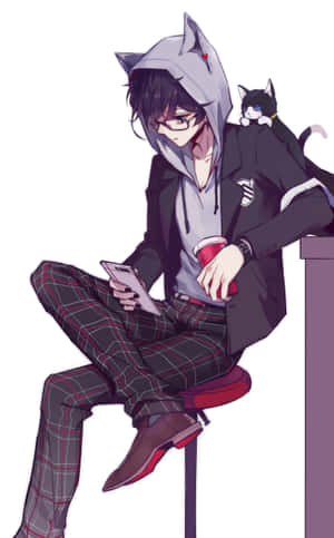 Stylish Anime Boywith Cat Hoodieand Pet Wallpaper