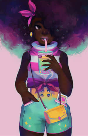 Stylish Anime Girlwith Bubble Tea Wallpaper