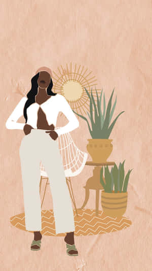 Stylish Illustration African American Woman Interior Decor Wallpaper