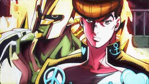 Stylish Josuke Higashikata Posing In An Intense Battle Scene Wallpaper