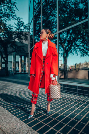 Stylish Woman In Red Coat Posing Outdoors Wallpaper