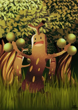 Sudowoodo Dancing With Others In The Forest Wallpaper