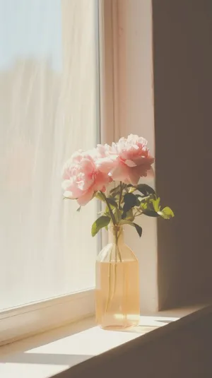 Sunlit Peony Vase Window Sill Wallpaper