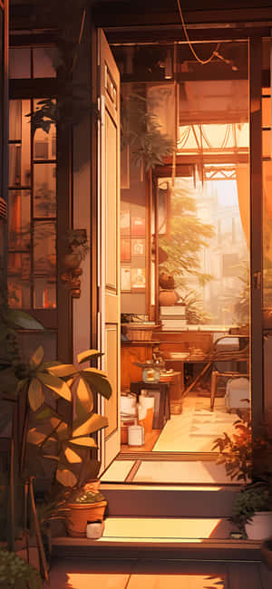 Sunlit Plant Filled Interior Artwork Wallpaper