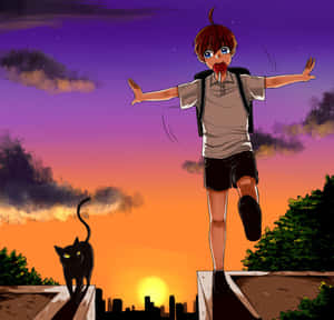 Sunset Adventurewith Black Cat Wallpaper