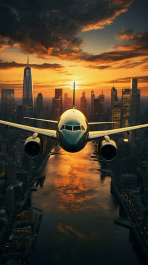 Sunset_ Airplane_ Over_ Cityscape.jpg Wallpaper