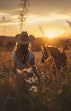 Sunset Cowgirl And Horse.jpg Wallpaper