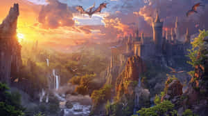 Sunset_ Dragon_ Flight_ Castle_ Fantasy_ Landscape.jpg Wallpaper