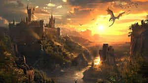 Sunset_ Dragon_ Flight_ Castle_ Fantasy_ Landscape.jpg Wallpaper