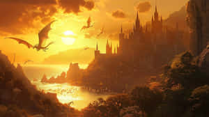 Sunset_ Dragon_ Flight_ Over_ Fantasy_ Castle Wallpaper