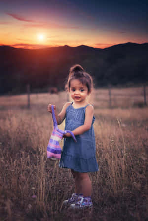 Sunset Field Little Girl Wallpaper